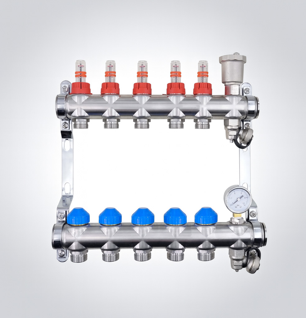 Underfloor heating manifold with red and blue taps review